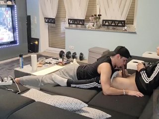 My boy surprised me with a nice blowjob while I was gaming and I shot my cum in his mouth