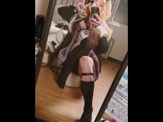 Cute Femboy Cosplaying Genshin Fischl Plays with His Big Cock in Front of the Mirror